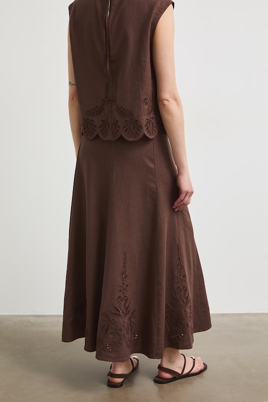 Odzież Spódnica trapezowa z lnem z haftem RS26-SDD903 brązowy