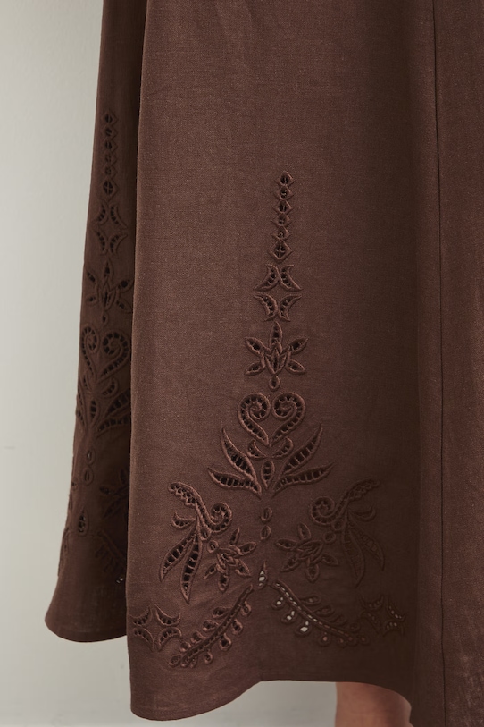 Spódnica trapezowa z lnem z haftem brązowy RS26-SDD903