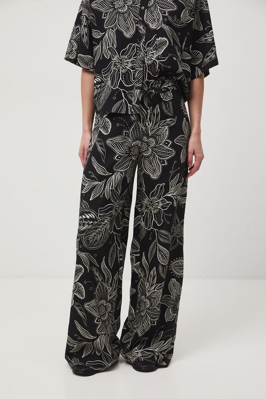 Spodnie wide leg damskie z dodatkiem lnu czarny RS26-SPD070