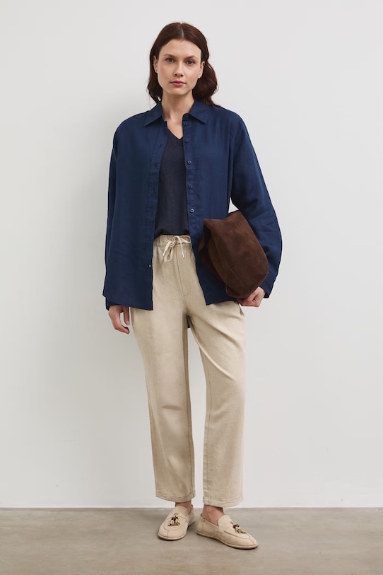 Spodnie chinos damskie z lnem beżowy RS26-SPD702