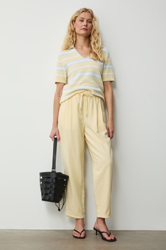 Spodnie chinos damskie z lnem żółty RS26-SPD702