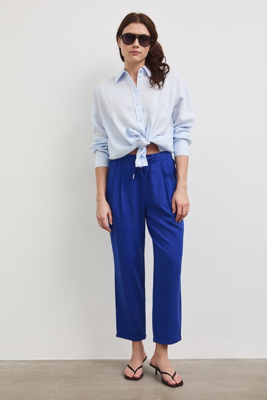 Spodnie chinos damskie z lnem niebieski RS26-SPD702