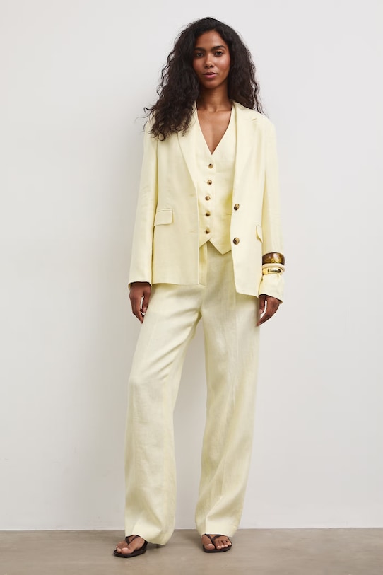 Spodnie straight damskie lniane gładkie RS26-SPD800 żółty RS26