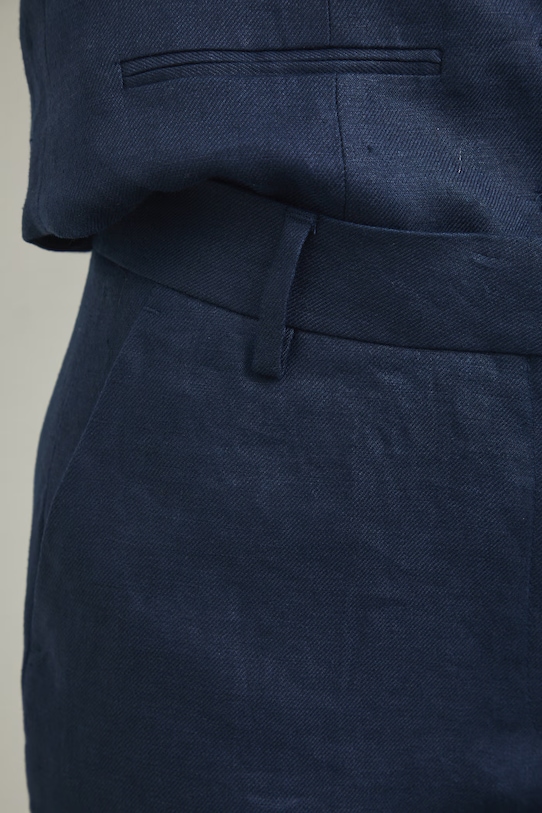 Spodnie straight damskie lniane gładkie granatowy RS26-SPD800