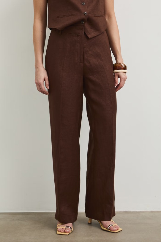 Spodnie straight damskie lniane gładkie RS26-SPD800 brązowy RS26