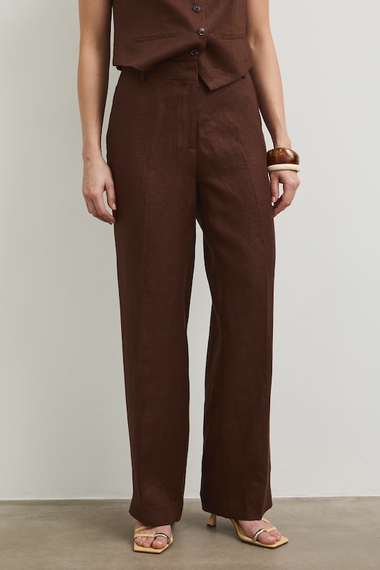 Spodnie straight damskie lniane gładkie RS26-SPD800 brązowy RS26