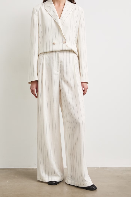 Spodnie wide leg damskie z dodatkiem lnu w paski RS26-SPD909 beżowy RS26