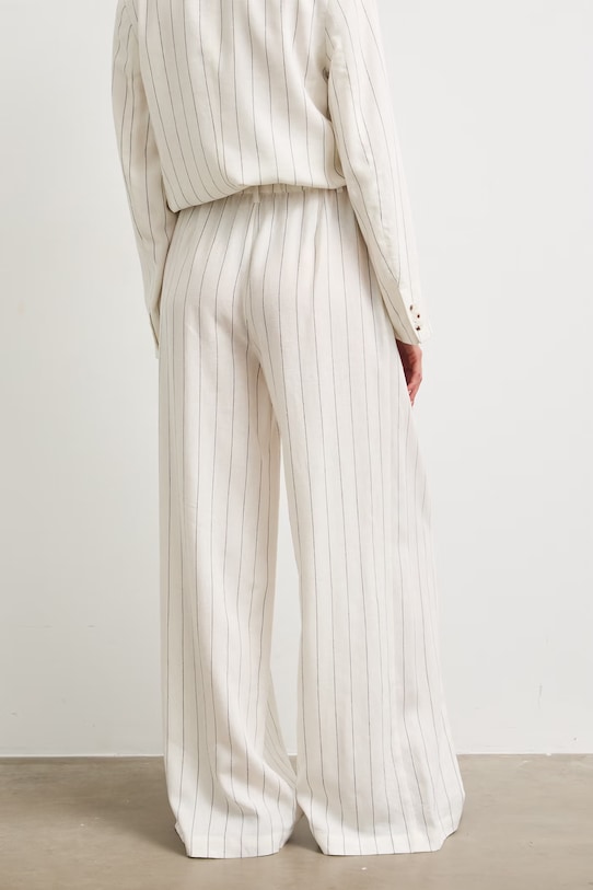 Odzież Spodnie wide leg damskie z dodatkiem lnu w paski RS26-SPD909 beżowy