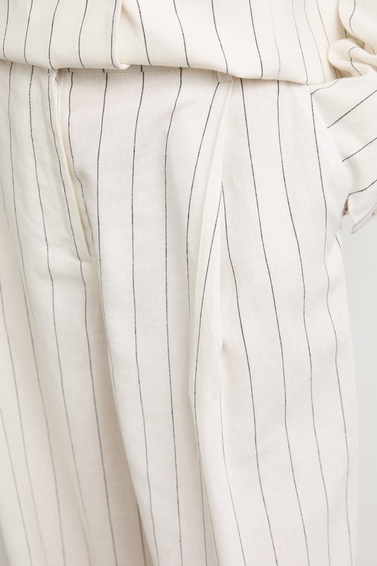 Spodnie wide leg damskie z dodatkiem lnu w paski beżowy RS26-SPD909