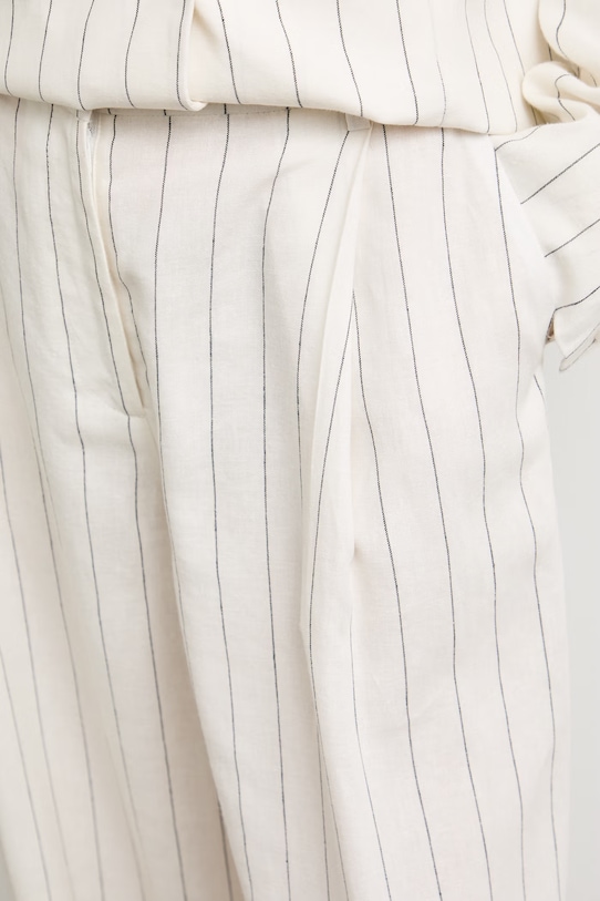 Spodnie wide leg damskie z dodatkiem lnu w paski beżowy RS26-SPD909