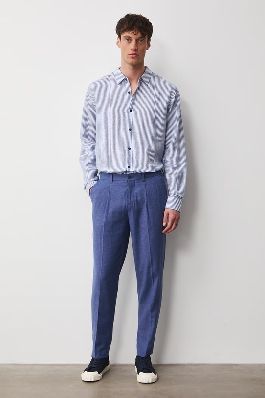 Spodnie chinos męskie z lnem RS26-SPM721 niebieski RS26