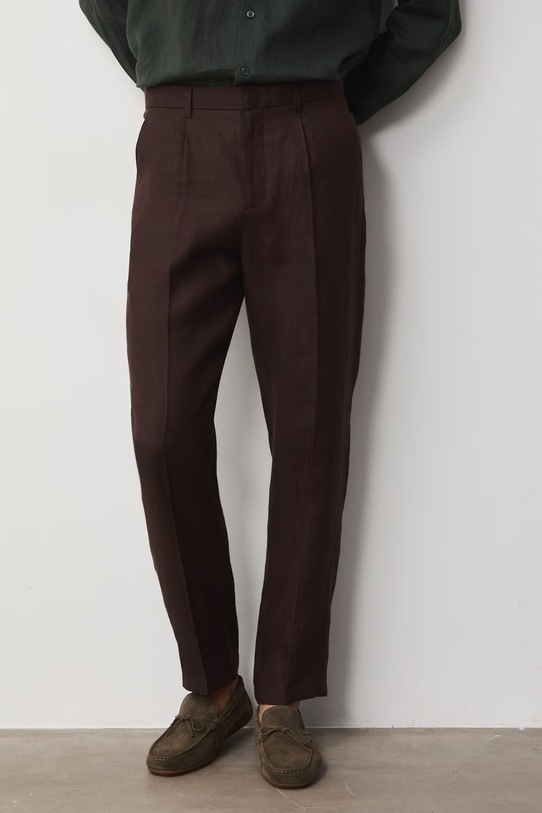 Spodnie chinos męskie lniane gładkie RS26-SPM722 brązowy RS26