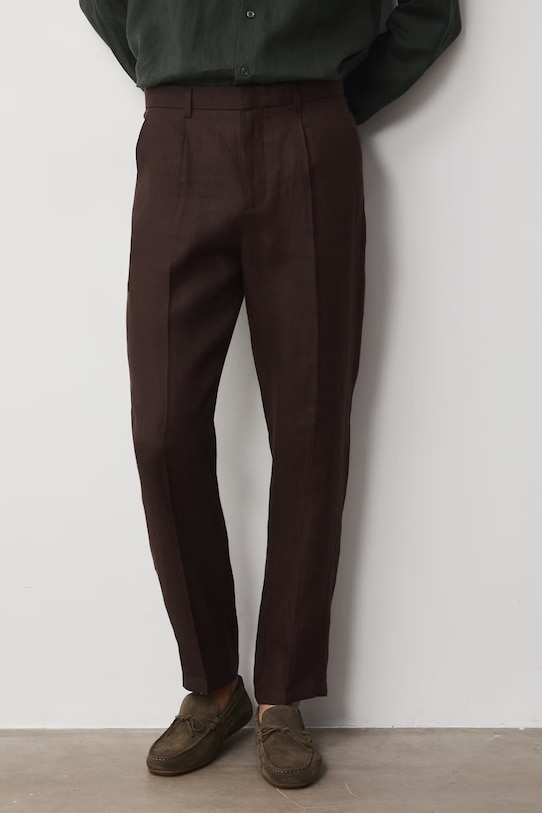 Spodnie chinos męskie lniane gładkie RS26-SPM722 brązowy RS26