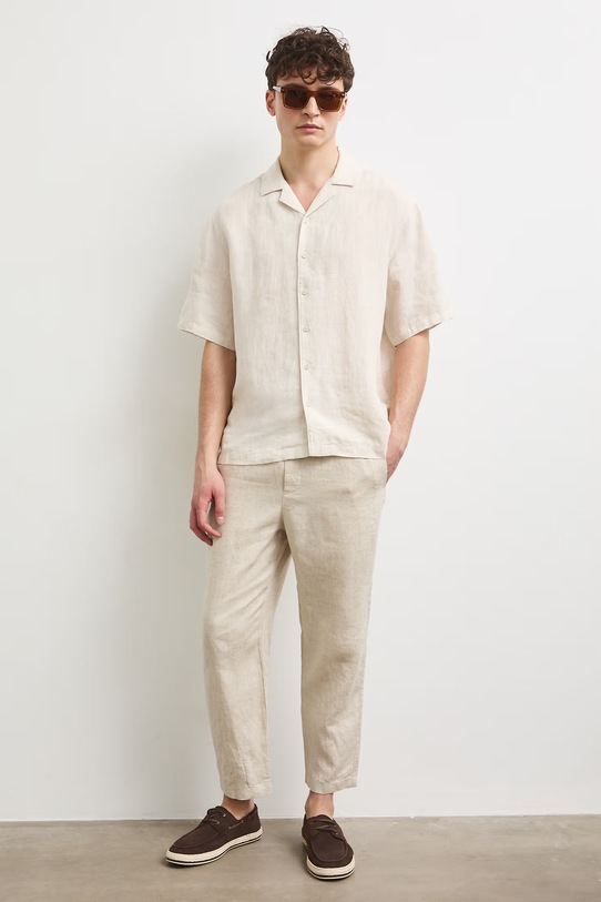 Spodnie chinos męskie lniane beżowy RS26-SPM905