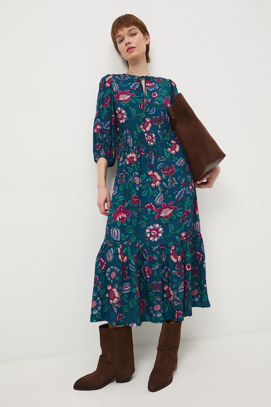 Sukienka damska maxi z wiskozy wzorzysta rozkloszowany turkusowy RS26-SUD032