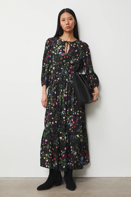 Sukienka damska maxi z wiskozy wzorzysta rozkloszowany czarny RS26-SUD032