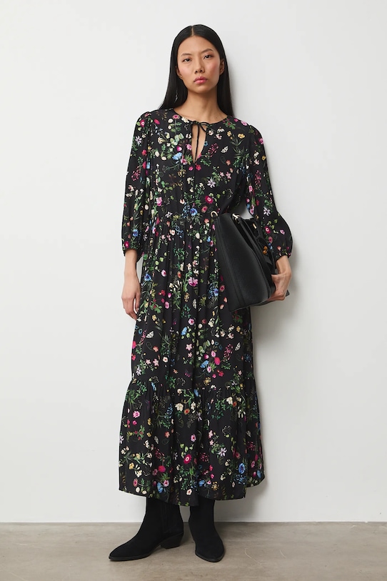 Sukienka damska maxi z wiskozy wzorzysta rozkloszowany czarny RS26-SUD032