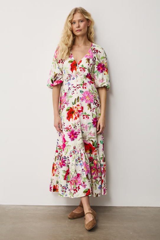 Sukienka rozkloszowana z dodatkiem lnu beżowy RS26-SUD071