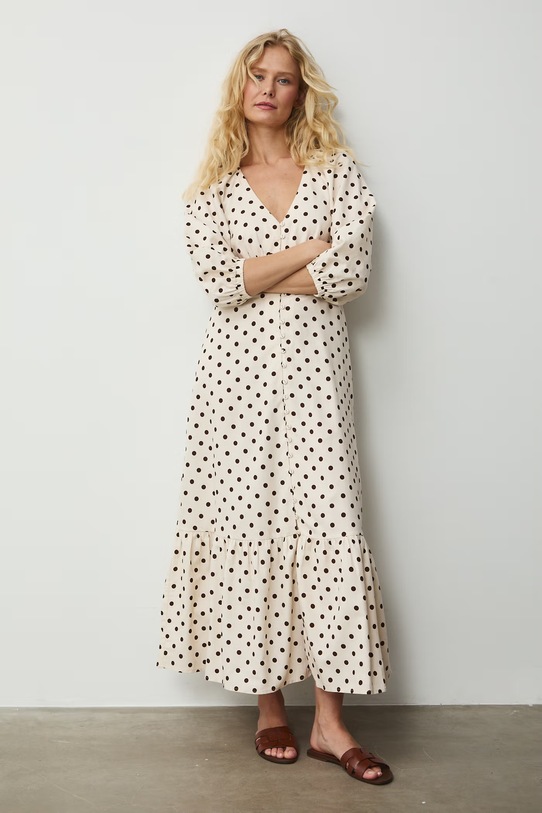 Sukienka rozkloszowana z dodatkiem lnu beżowy RS26-SUD071