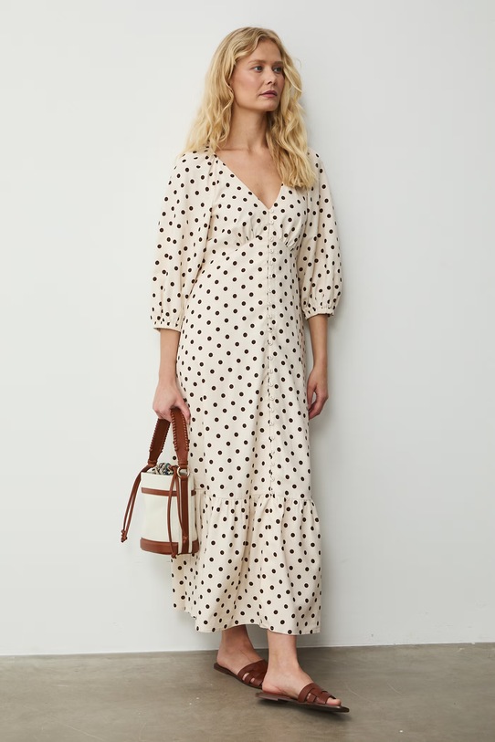 Sukienka rozkloszowana z dodatkiem lnu RS26-SUD071 beżowy RS26