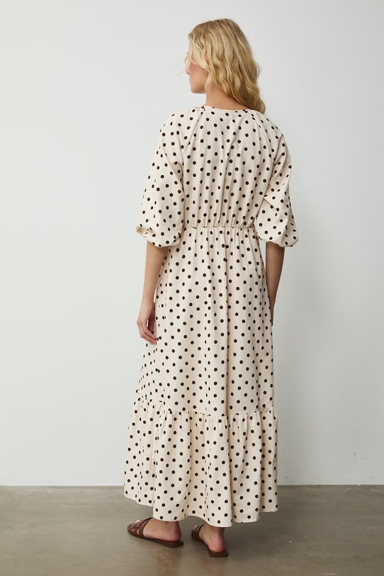 Odzież Sukienka rozkloszowana z dodatkiem lnu RS26-SUD071 beżowy