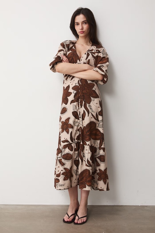 Sukienka rozkloszowana z dodatkiem lnu beżowy RS26-SUD071