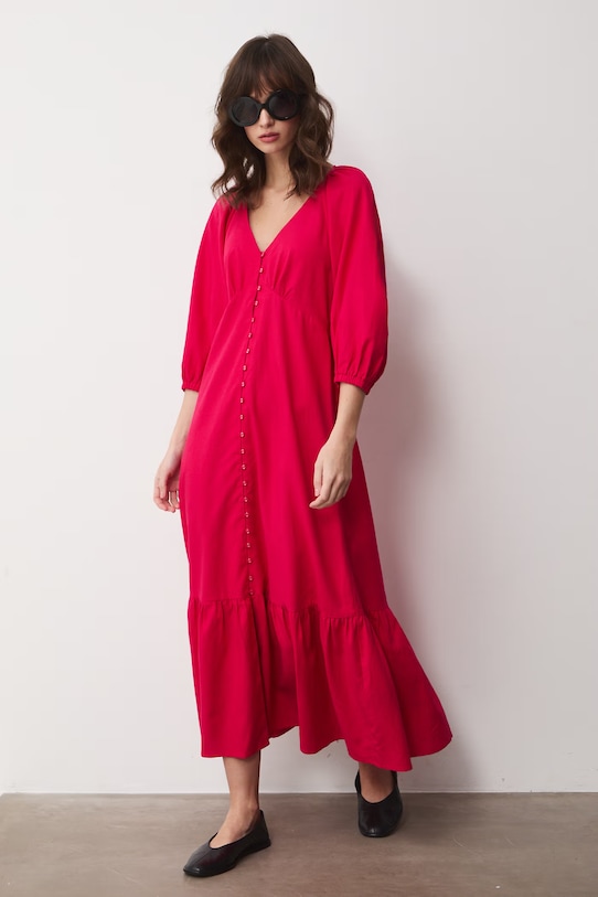 Medicine sukienka rozkloszowana z dodatkiem lnu różowy RS26-SUD071