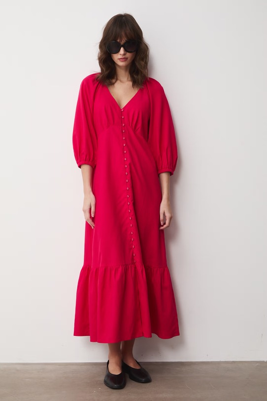 Sukienka rozkloszowana z dodatkiem lnu RS26-SUD071 różowy RS26