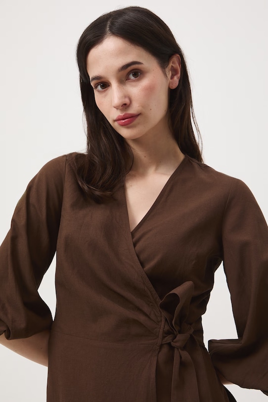 Sukienka rozkloszowana z dodatkiem lnu brązowy RS26-SUD074