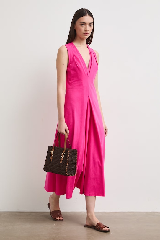 Sukienka rozkloszowana bawełniana z elastanem gładka różowy RS26-SUD090