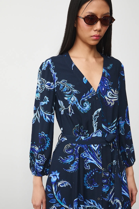 Sukienka damska midi z wiskozy wzorzysta granatowy RS26-SUD301