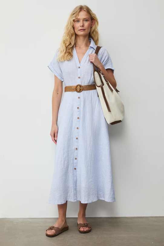 Sukienka rozkloszowana z lnem RS26-SUD701 niebieski RS26