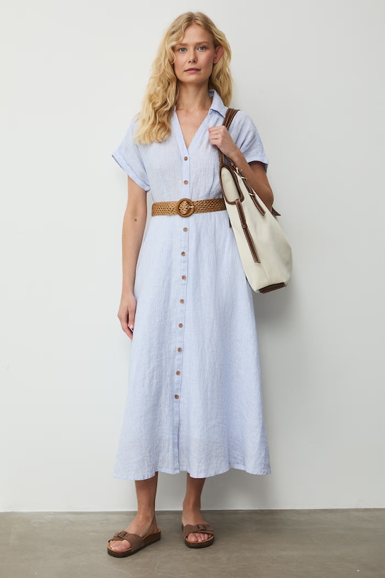 Sukienka rozkloszowana z lnem RS26-SUD701 niebieski RS26