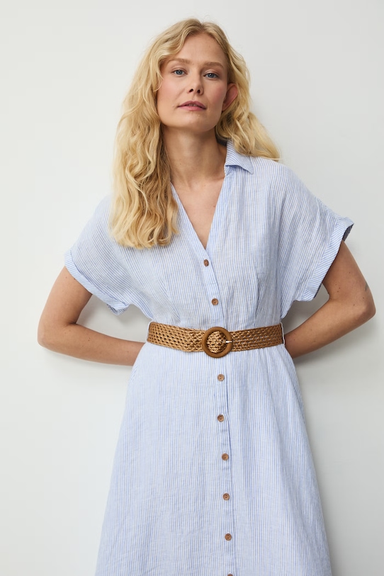 Sukienka rozkloszowana z lnem RS26-SUD701 niebieski