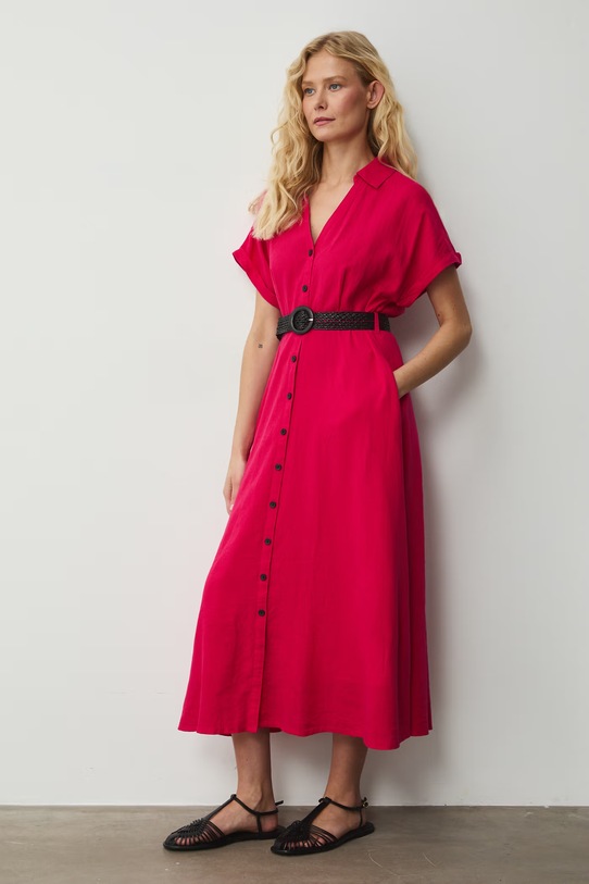 Sukienka rozkloszowana z lnem różowy RS26-SUD701