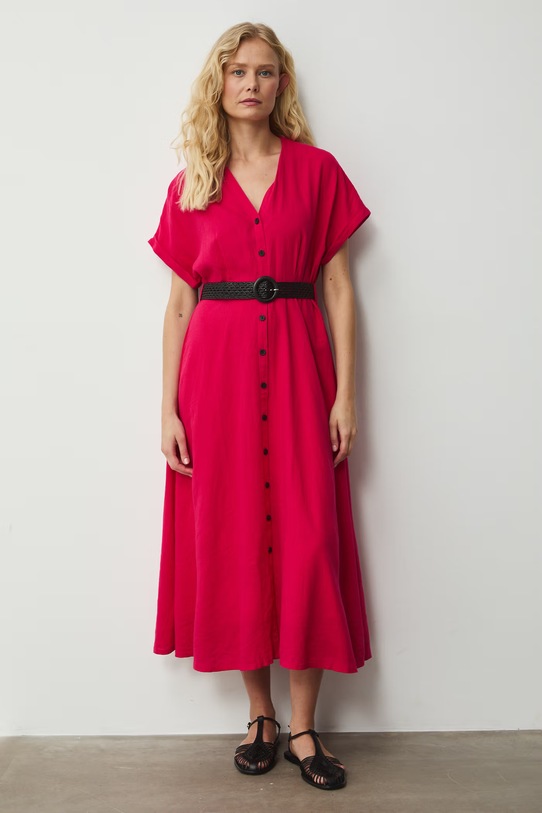 Medicine sukienka rozkloszowana z lnem RS26-SUD701 różowy RS26