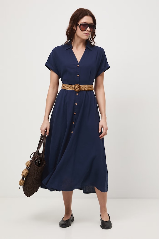 Medicine sukienka rozkloszowana z lnem granatowy RS26-SUD701