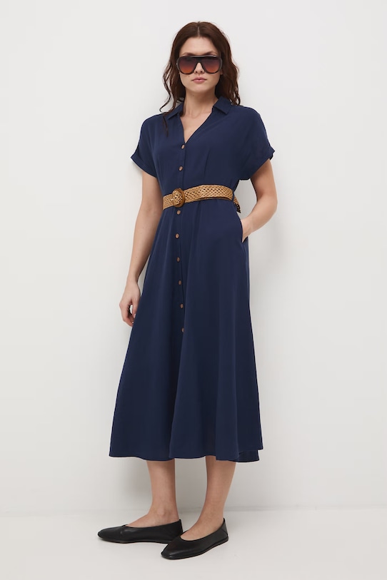 Medicine sukienka rozkloszowana z lnem RS26-SUD701 granatowy RS26