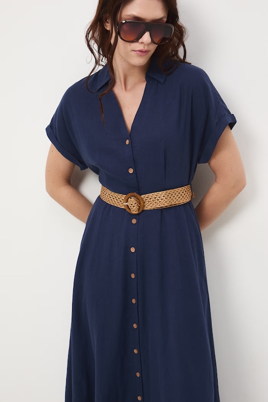 Medicine sukienka rozkloszowana z lnem granatowy RS26-SUD701