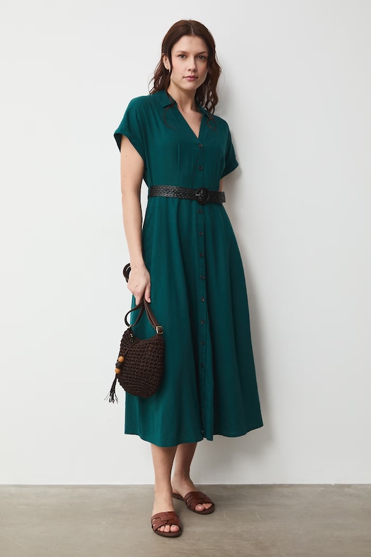 Sukienka rozkloszowana z lnem turkusowy RS26-SUD701