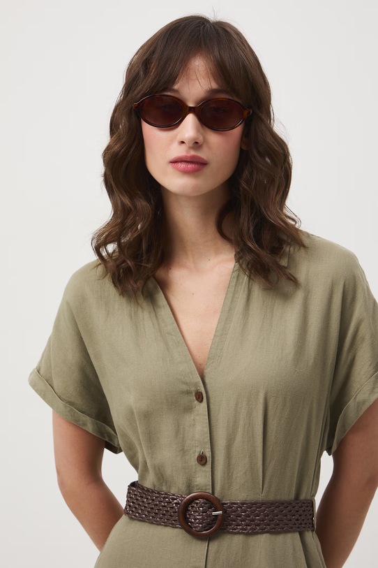 Odzież Sukienka rozkloszowana z lnem RS26-SUD701 zielony