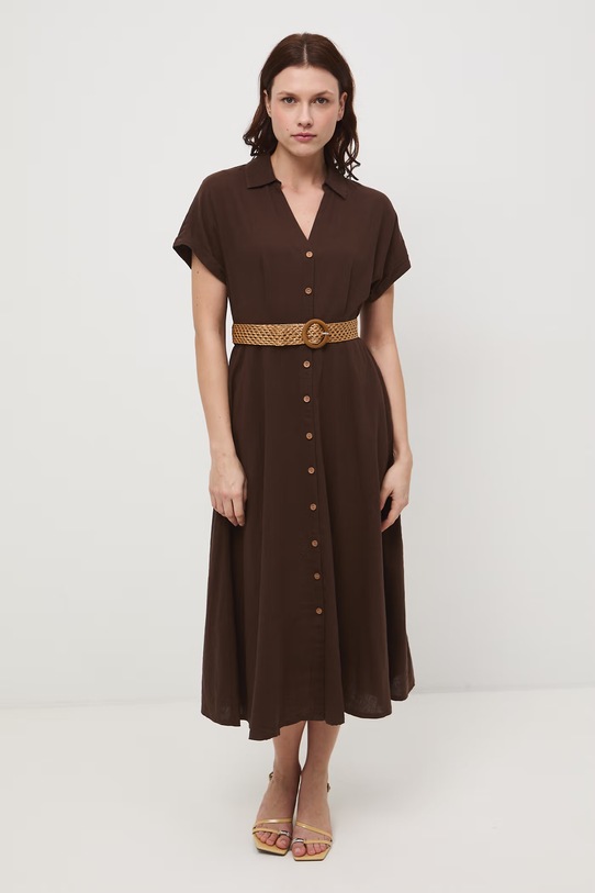 Sukienka rozkloszowana z lnem RS26-SUD701 brązowy RS26