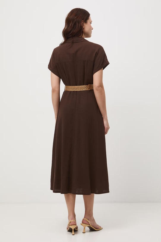Odzież Sukienka rozkloszowana z lnem RS26-SUD701 brązowy