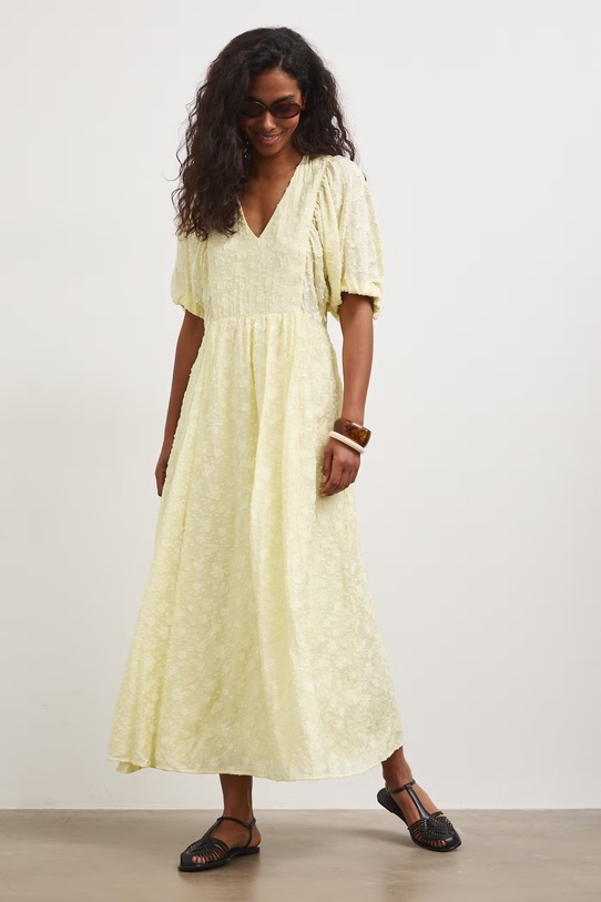 Sukienka rozkloszowana z wiskozą żółty RS26-SUD804