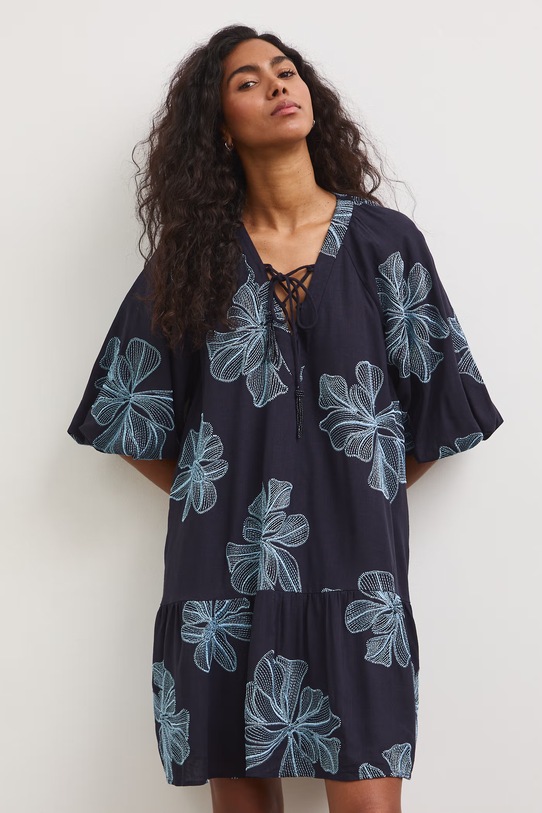 Medicine sukienka rozkloszowana z lnem granatowy RS26-SUD811