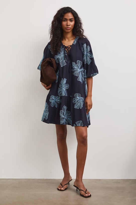 Medicine sukienka rozkloszowana z lnem RS26-SUD811 granatowy RS26