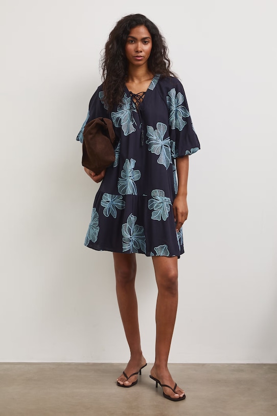 Sukienka rozkloszowana z lnem RS26-SUD811 granatowy RS26