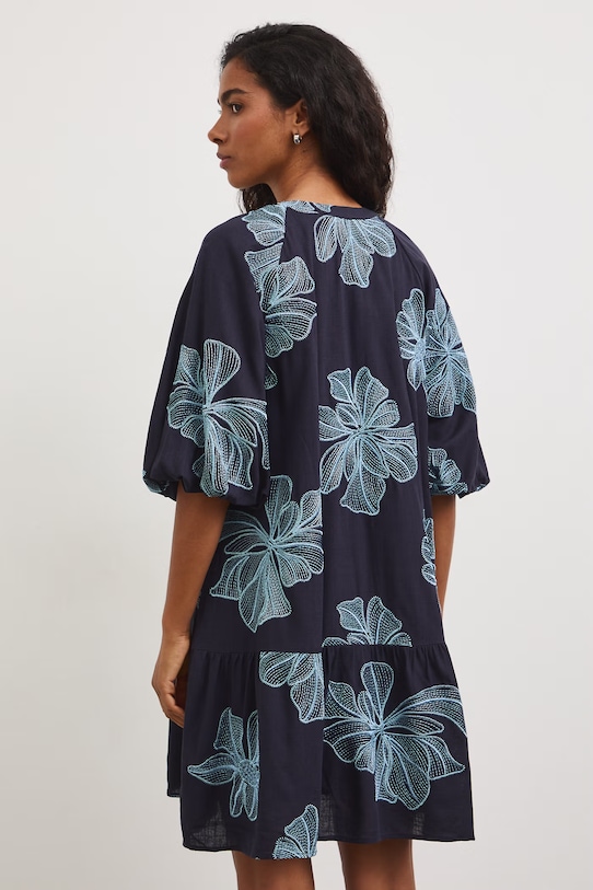Odzież Sukienka rozkloszowana z lnem RS26-SUD811 granatowy
