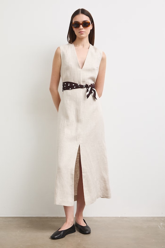 Sukienka lniana gładka beżowy RS26-SUD901