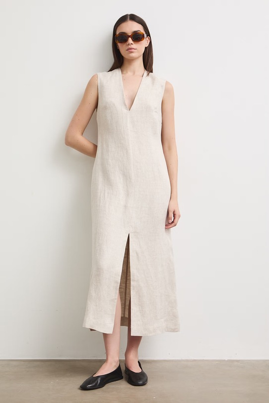 Sukienka lniana gładka RS26-SUD901 beżowy RS26